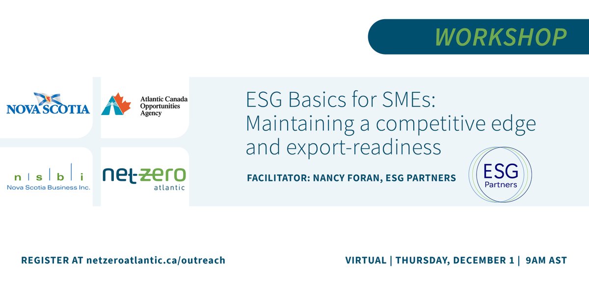 NetZeroAtlantic's tweet photo. What is ESG? Did you know it can make your business more resilient and improve your bottom line?  
Sign up here for our upcoming ESG workshop to find out more! 
https://t.co/y2ZUDVhG3U
#workshops, #ESG, #sustainablebusiness, #NSBusinesses, #smebusiness, #smesupport https://t.co/ABJN3PMCWd
