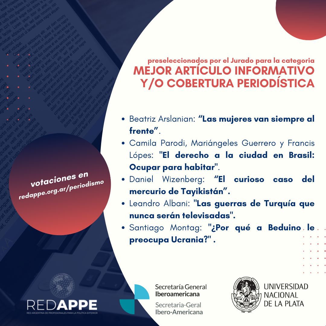 REDAPPE's tweet photo. 📌 Preseleccionados para la categoría de mejor artículo informativo y/o cobertura periodística:

- @daniwizen (@revistalate)
- @BettyArslanian (@revistalate)
- @LeanAlbani (@latintacba)
- @_ParodiCamila @MariAngGuerrero y F López (@MarchaOrgAr)
- @SalvadorSoler10 (@revistalate) https://t.co/AppJ5drzZB