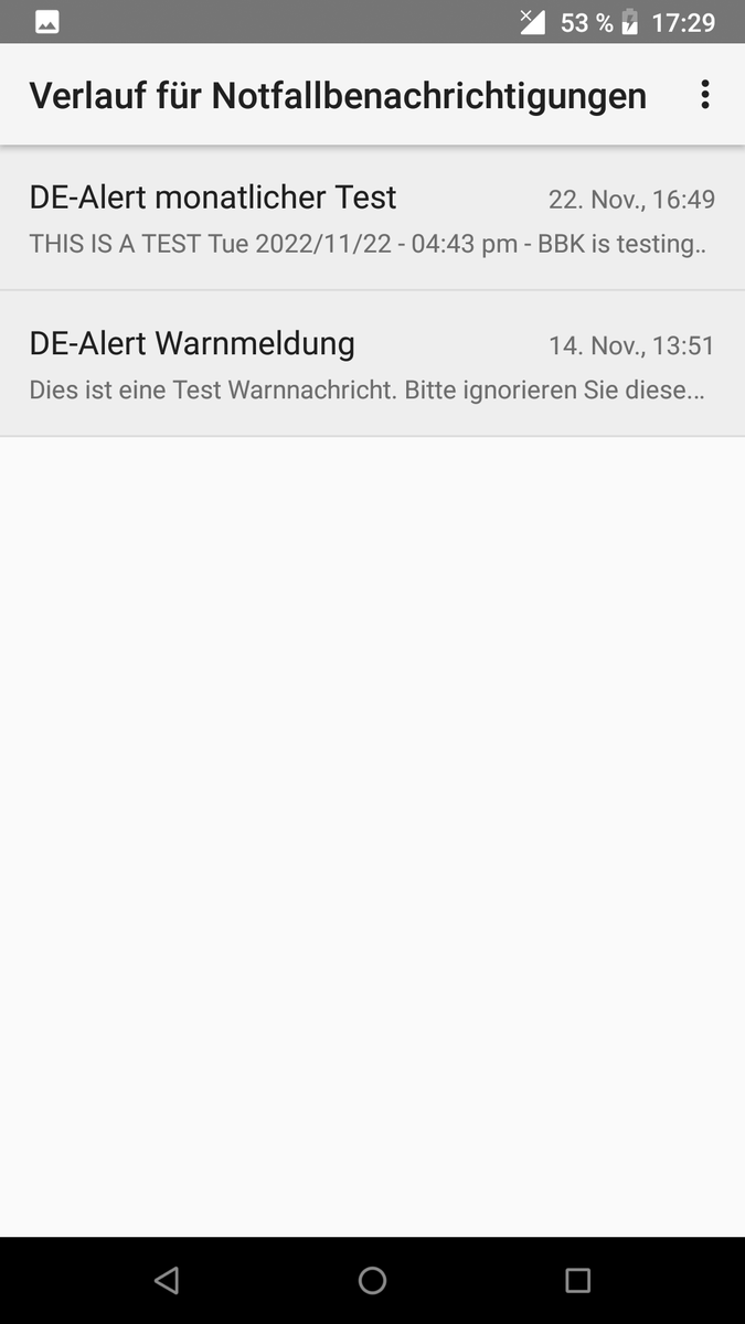 Fruchti's tweet photo. Heute auf meinem Pixel 3a vier #cellbroadcast Test-Warnungen erhalten. Die erste erreichte auch mein Nexus 5X mit Android 8.1, die zweite nicht 🤔 Mein Nexus 4 mit 5.1.1 bekam dafür die zweite 🤷🏻♂️ #dealert #eualert https://t.co/XNm6qNR2TV