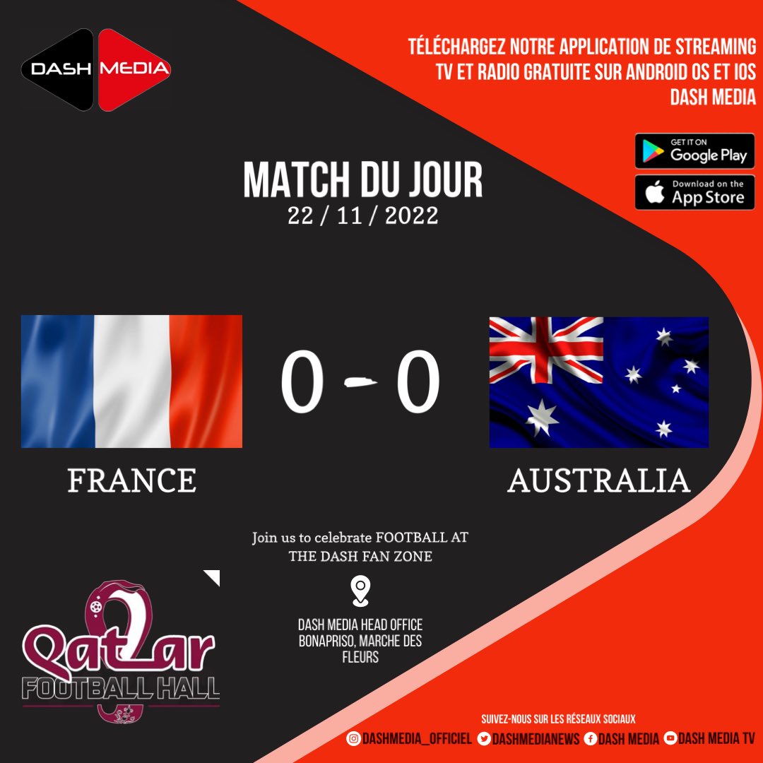 dashmedianews's tweet photo. SCORE EN DIRECT :
05:00
FRA 0 - 0 AUS
#QatarWorldCup2022
#FRAAUS
#QFHDASH #DASHMEDIA #DASHSPORTANDENTERTAINMENT https://t.co/LM2qXaN7bj