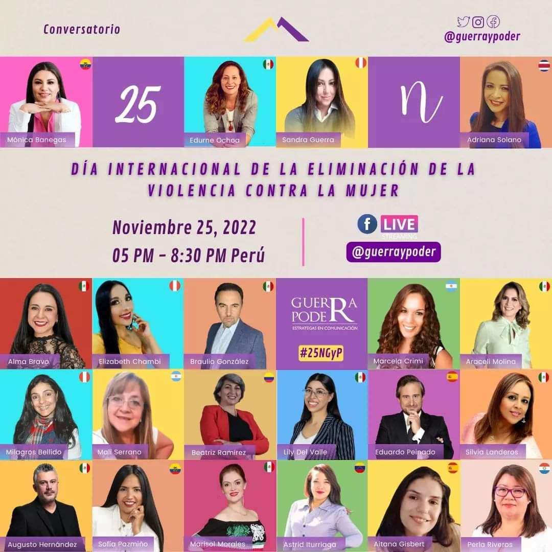 Muy emocionado de ser parte de este evento de <a href="/GuerrayPoder/">Guerra & Poder</a> para conmemoración del ♀️ Día Internacional de la Eliminación de la Violencia contra la Mujer.
Conversatorio #25NGyP
📆 25 noviembre 
⌚ 17 hrs 🇵🇪 16 hrs 🇲🇽
🔁 Sigue transmisión por fb👇🏼 facebook.com/guerraypoder