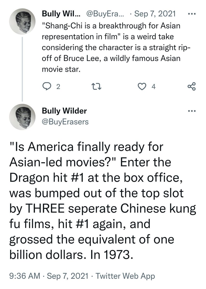 BuyErasers's tweet photo. @Java_jigga 9 seperate films directed by and starring Asians hit #1 at the box office in 1973. At their current rate, Marvel won't hit that milestone until the year 2148. https://t.co/l9RbwHe1eU