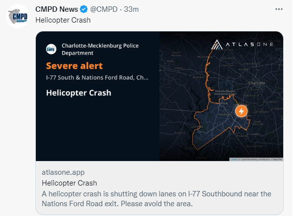 Latest on incident: 2 people are confirmed dead in a helicopter crash shortly after 12 p.m. No vehicles on highway were involved. The FAA &amp; NTSB are the lead investigators. Ramps are closed from I-85 N &amp; S to I-77 S. A detour is available for drivers through Exit 13A on I-77 S.