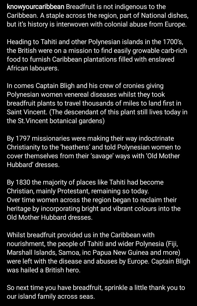 If you don't follow 'knowyourcaribbean' on insta, you should.

This piece on the history of breadfruit, Captain Bligh and SVG🇻🇨 is rather interesting.