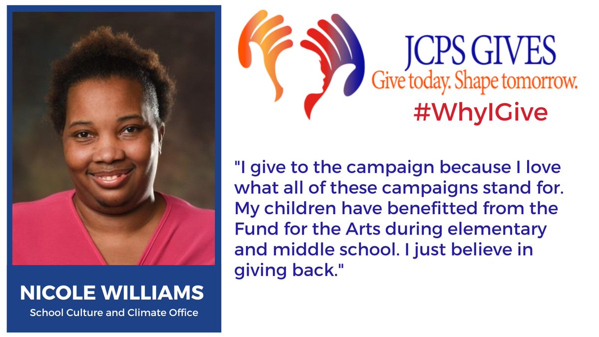 JCPS (@jcpsky) on Twitter photo ❤️ JCPS GIVES | Our annual giving campaign runs through this Friday. Thanks to Nicole Williams for sharing what JCPS Gives means to her! Share your story using our #⃣ #WhyIGive!
Learn more about our five #JCPSGives partners and give now ➡️ jcps.me/jcpsgives
#WeAreJCPS ❤️ JCPS GIVES | Our annual giving campaign runs through this Friday. Thanks to Nicole Williams for sharing what JCPS Gives means to her! Share your story using our #⃣ #WhyIGive!
Learn more about our five #JCPSGives partners and give now ➡️ jcps.me/jcpsgives
#WeAreJCPS