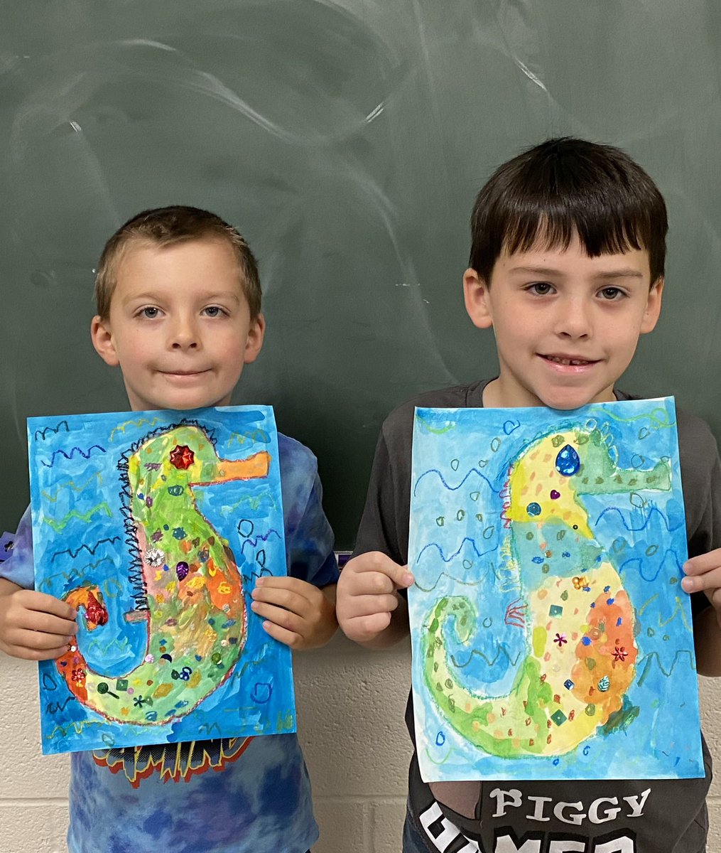 ArtAndMsG's tweet photo. John, Irrick, Arianna, and Maylee with their colorful seahorses inspired by the book “Mr. Seahorse” by Eric Carle. @RHLSD_Colts #artclass https://t.co/70bLhz2a53