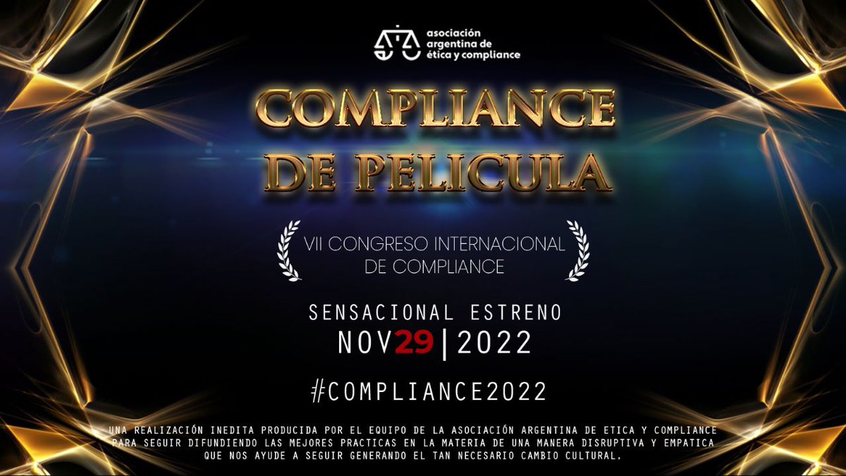 Te invitamos al VII Congreso Internacional de Compliance de la @Asociación
Argentina de Ética y Compliance - #AAEC!

Evento gratuito c/inscripción previa
🗓 Martes 29/11  Acreditación: 14.30hs | Congreso: 15 – 18.00hs 🎆 Cóctel: 18.00 – 21.00hs.

Info: congresocompliance2022.com