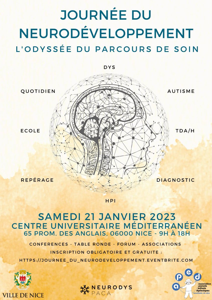JbianchiNeuro's tweet photo. L’équipe du cabinet Odyssée en collaboration avec la Mairie de Nice, l’APED06 et Neurodys PACA, a l’immense privilège de vous inviter à une journée de conférence exceptionnelle ! 
Cliquez sur lien ci dessous pour vous inscrire :
https://t.co/1WBC4oYYef https://t.co/gopGE766RH