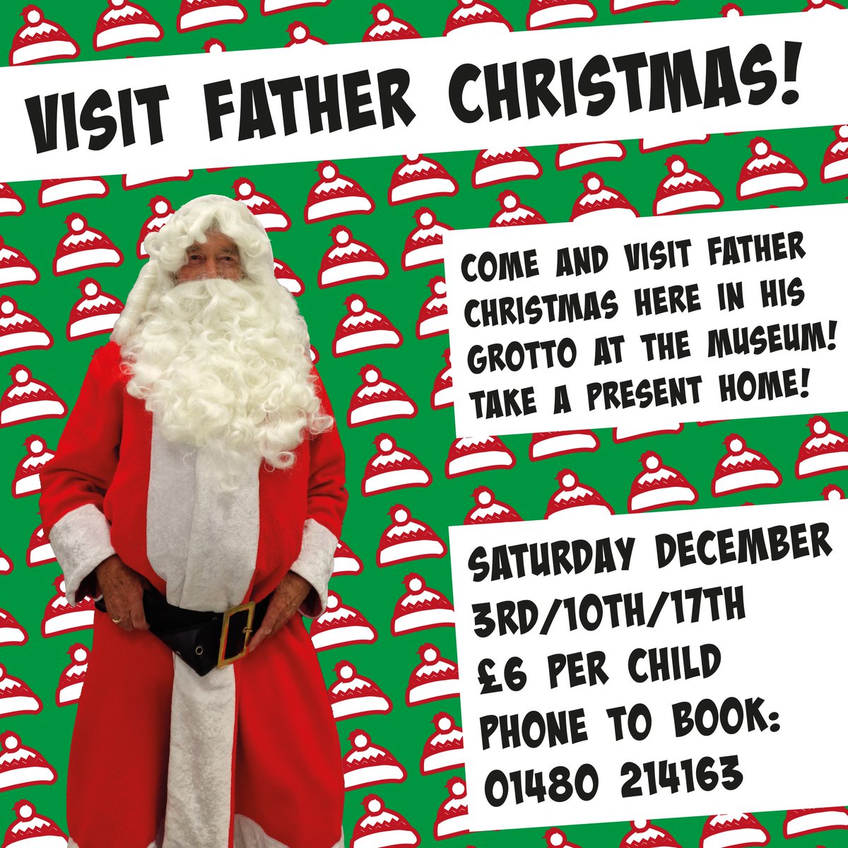 Father Christmas will be on the Market Sq at the Christmas Lights Switch on, 12-6 this Sunday Nov 27th! Have a chat with Santa and take a gift home! 🎁 💝 

Father Christmas also has a Grotto at the museum - Saturday 3rd/10th/17th 11am-4pm.
Book a slot by calling 01480 214163☎️