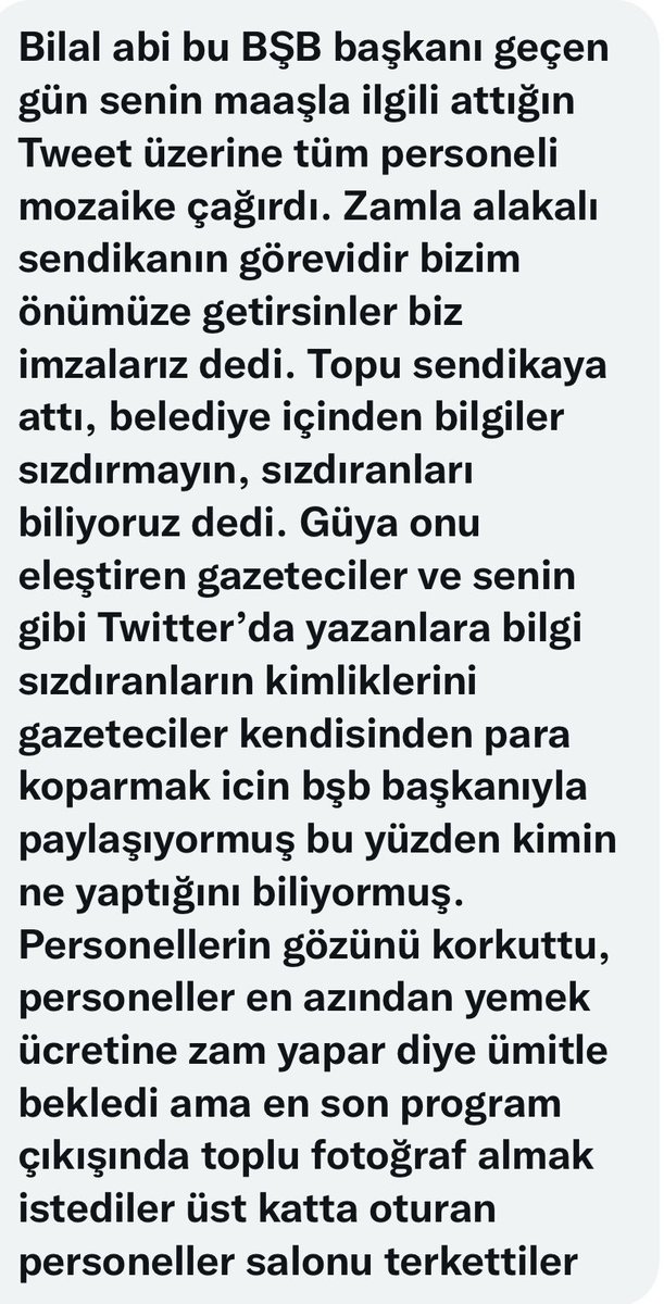 Trollerle Urfa'yı yönettiğini sanan <a href="/zabeyazgul/">Zeynel Abidin BEYAZGÜL</a> çalışanların sosyal medya hesaplarını yakın takibe alarak kendi paylaşımını beğenip paylaşmayan ve başkasını beğenenleri tehdit ederek hesap soruyor.
Korkunun ecele faydası yok,
Gidicisiniz az kaldı.