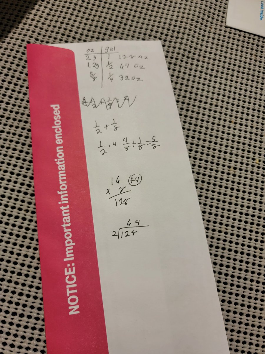 TaylorWendellFE's tweet photo. Husband asked me to figure out how much solution we would need for a 32 oz container if the bottle called for 2.5 oz for 1 gallon. 
"I'm glad my wife is a math teacher"
Not a calculator in sight 👩‍🏫 https://t.co/yTPBCT7vKd