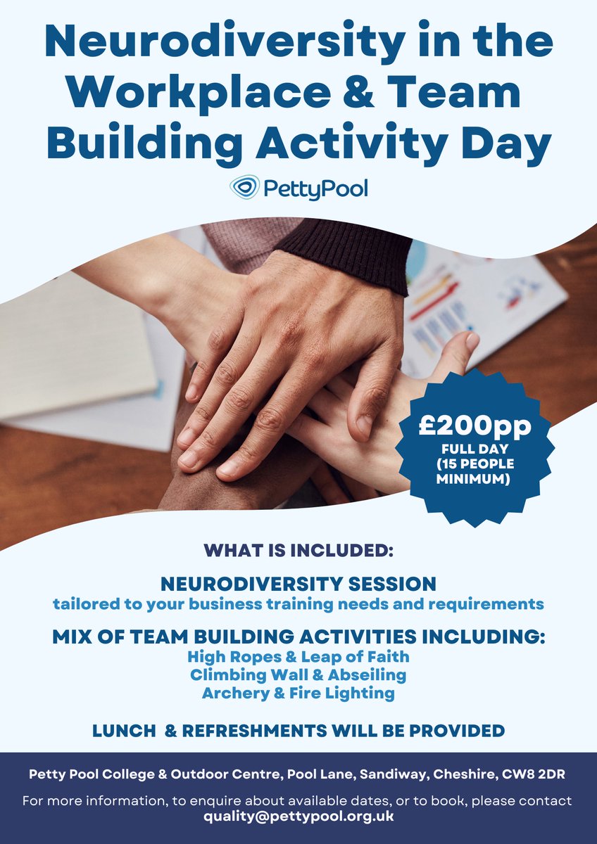 Anna Kettlewell-Brown (@sendtutor_anna) on Twitter photo We’ve launched our new external training programme 🌟
✅Outdoor activities designed to promote team building.
&
✅Neurodiversity in the workplace training bespoke to your organisations needs / profile.
Message me for more information or contact us on quality@pettypool.org.uk We’ve launched our new external training programme 🌟
✅Outdoor activities designed to promote team building.
&
✅Neurodiversity in the workplace training bespoke to your organisations needs / profile.
Message me for more information or contact us on quality@pettypool.org.uk