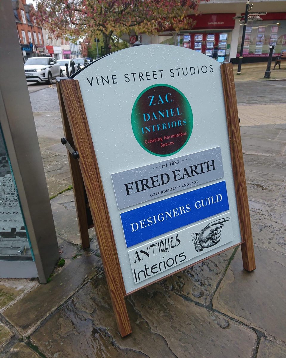 Signage provided for new Vine Street business Vine Street Studios including a classy wood effect frames a board to help customers find the shop. #bespoke #signage #solutions #grantham #newark #bourne #boston #spalding