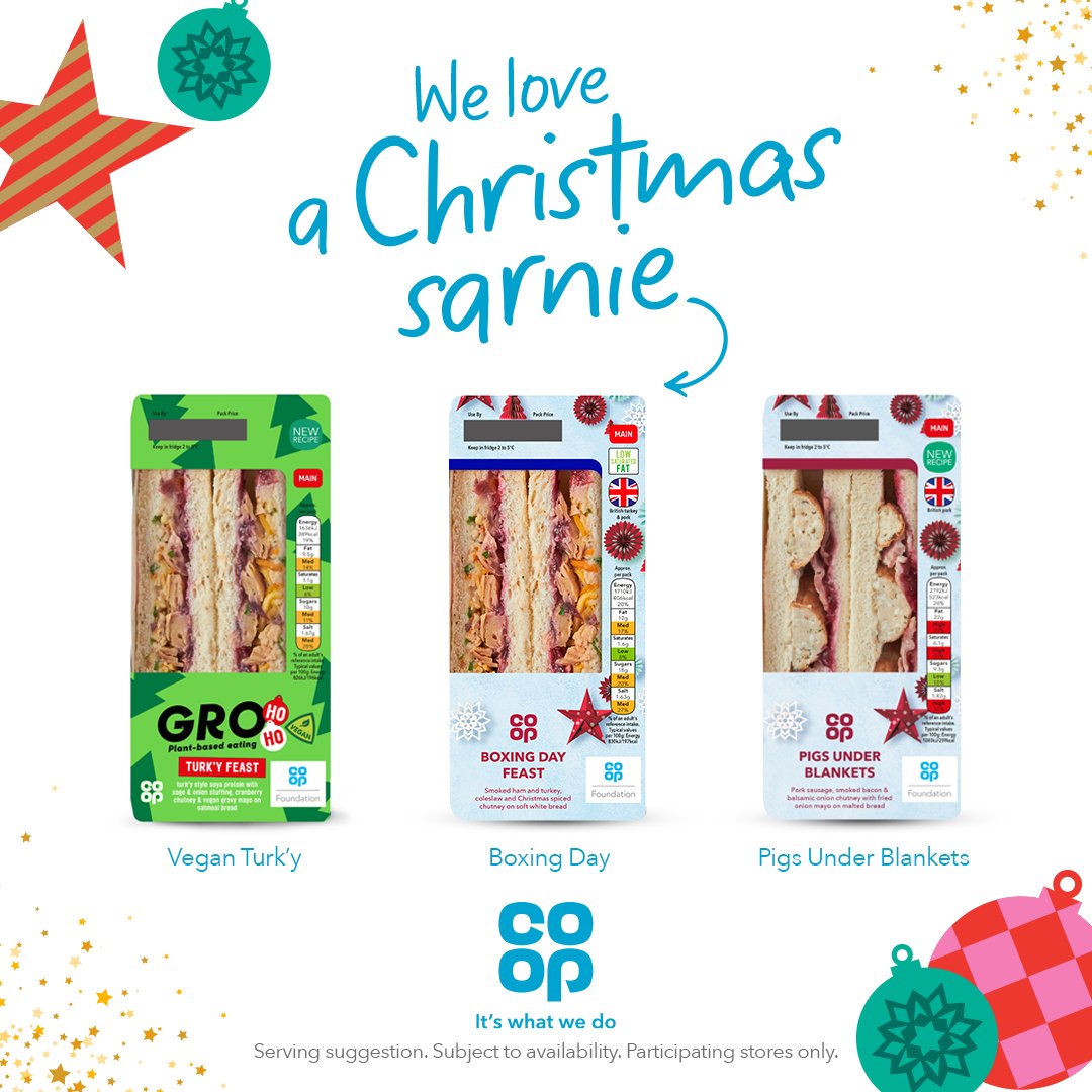 Aledjones19's tweet photo. Have you tucked into a festive sandwich yet?  🎄+ 🥪 = 💙 
 
Grab yours from @coopuk to help to build fairer and more co-operative communities! 
 
£50k from the sales of Co-op's Christmas sandwiches will go to its charity @Coop_Foundation 👈 follow for more! 
#ItsWhatWeDo https://t.co/CgxAKn5ZLu