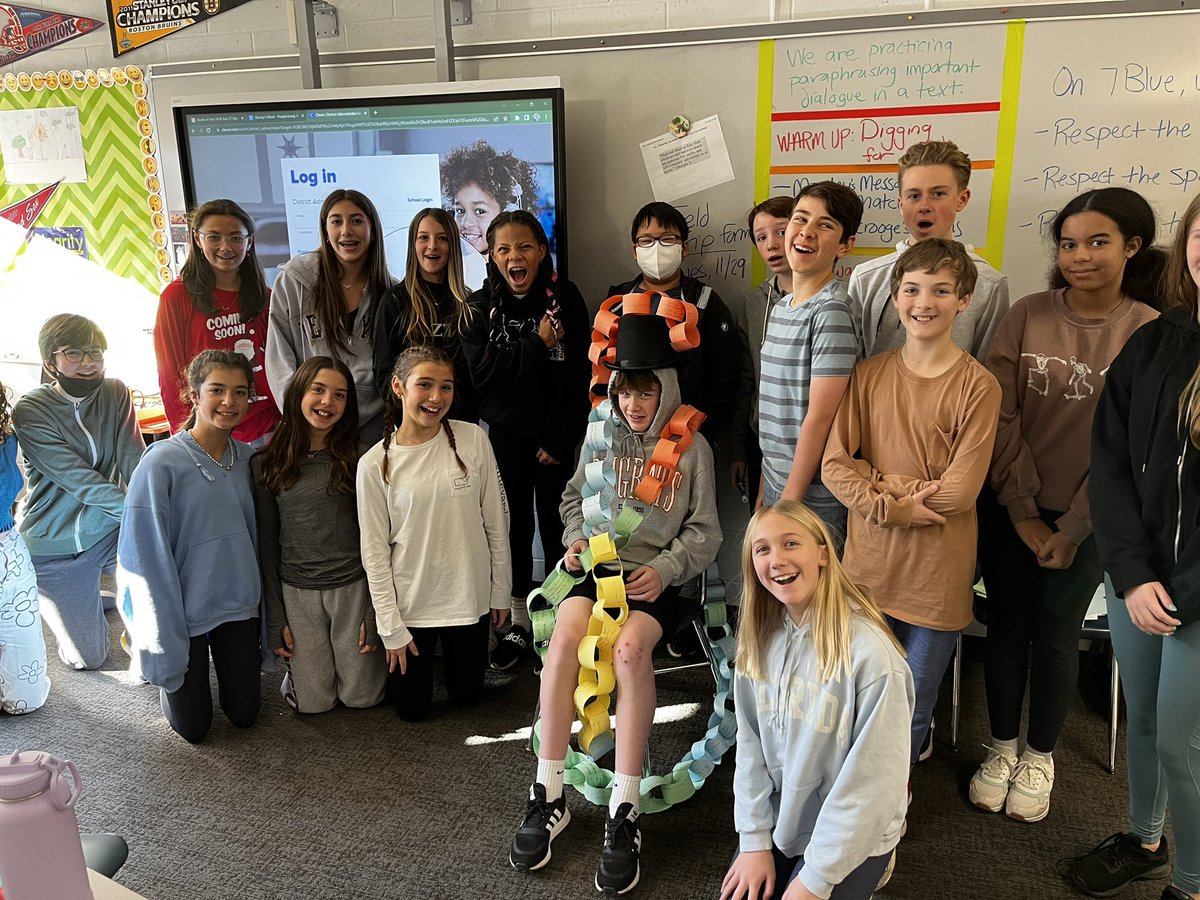 Mr_Spinali's tweet photo. Today @WSParkerMiddle, we marched paraphrases to Marley’s words. Then, we pulled evidence from the text that connects his words to Scrooge before building the “ponderous” chain that he “bears himself.” https://t.co/h8fknuv7wO