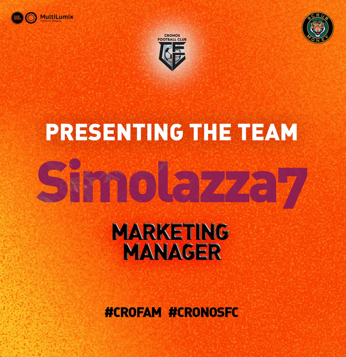 Cronos__FC's tweet photo. 1/ Teammates!
Let's meet the team - part 5
With these posts we are introducing the team members of CronosFC π
Today we are introducing another one from the MultiLumix agencyπ
Simolazza7 - MARKETING MANAGER
...
#FFTB #CRO #CronosFC #crofam https://t.co/M4p0Y7Y5Tc