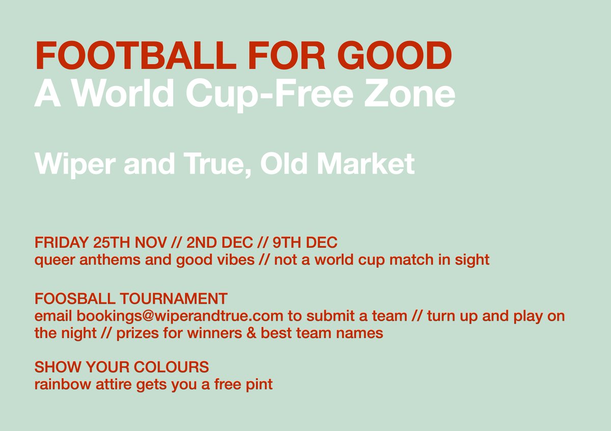 WiperAndTrue's tweet photo. Wiper and True aren't showing any of the Qatar world cup matches at our venues. We're hosting a series of all-inclusive events to celebrate the wonderful diversity of our community 🏳️‍🌈 ⚽ https://t.co/FI4yulXkh1