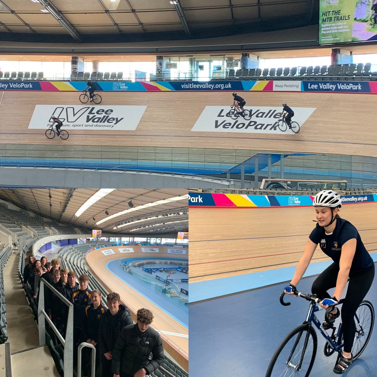 RBCSPE's tweet photo. Awesome day at the QE Olympic Park for the A level students learning about Olympic Legacy, followed by some hair raising cycling up the banks of the velodrome. 😬 @LeeValleyVP @ReadingBlues 🚴‍♀️💨 https://t.co/62l1rmwrrX