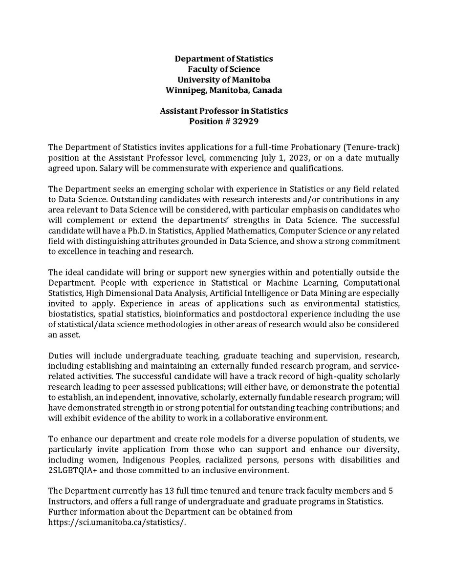 StatsUMan's tweet photo. Job Opportunity - Assistant Professor in Statistics
Position # 32929
@umanitoba #statistics #datascience #ComputerSc #appliedmathematics https://t.co/gkC0q3yuRv