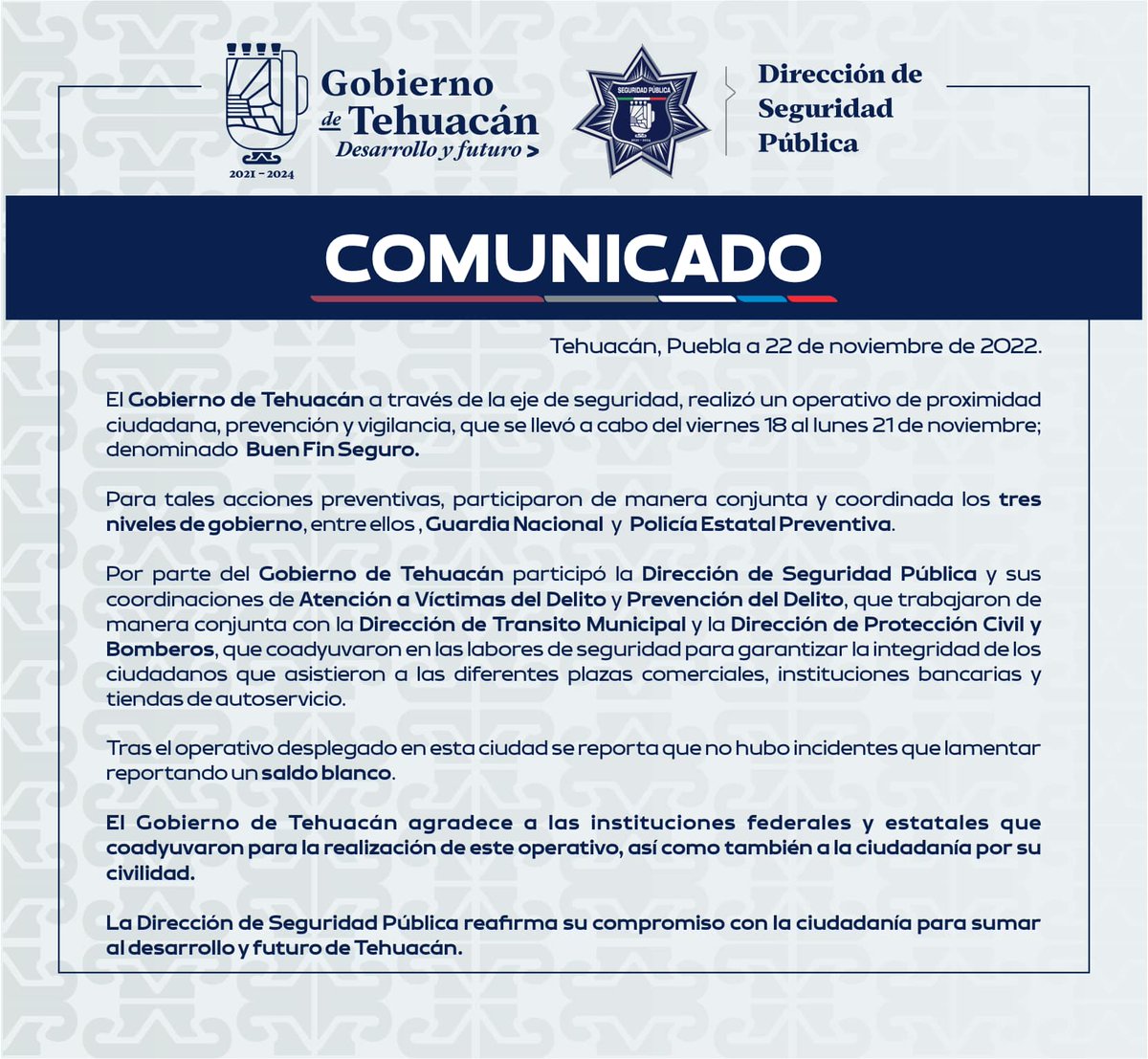 MundoTehuacan's tweet photo. #Local #Comunicado | La Dirección de Seguridad Pública de #Tehuacán ratificó que durante el operativo #BuenFin Seguro, efectuado del 18 al 21 de noviembre, hubo saldo blanco. https://t.co/1qVJJxqZ1W