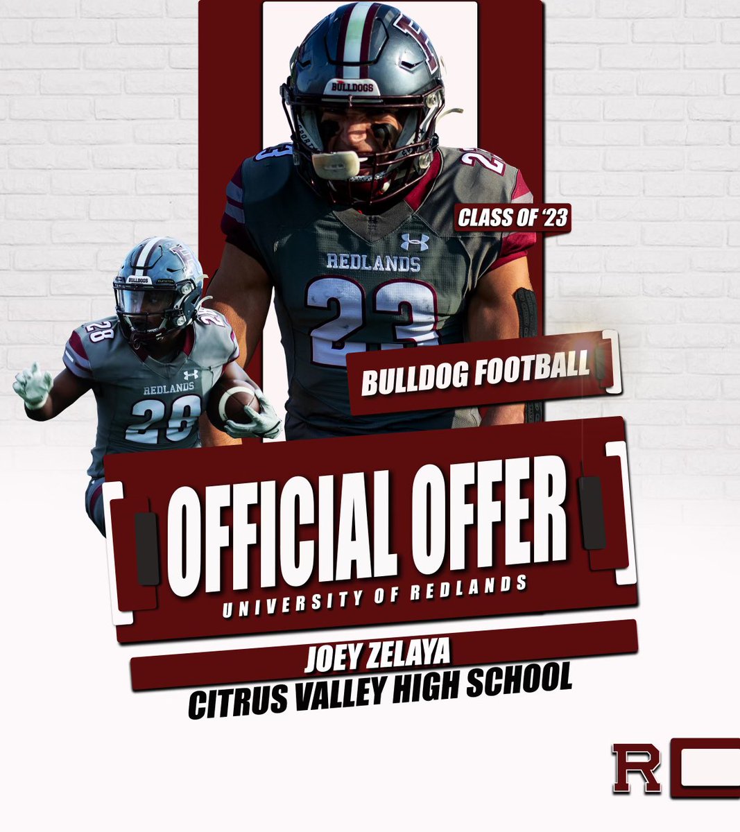 After an amazing talk with <a href="/UR_CoachMariani/">Joey Mariani</a> I am extremely grateful to have received an offer from <a href="/UofR_Football/">Redlands Bulldog Football</a> ! <a href="/UR_CoachGood/">Jim Good</a> <a href="/CoachBruich/">Kurt Bruich</a> <a href="/coachtess58/">Coach Tess</a> <a href="/CitrusValley_FB/">CVHS Football</a>