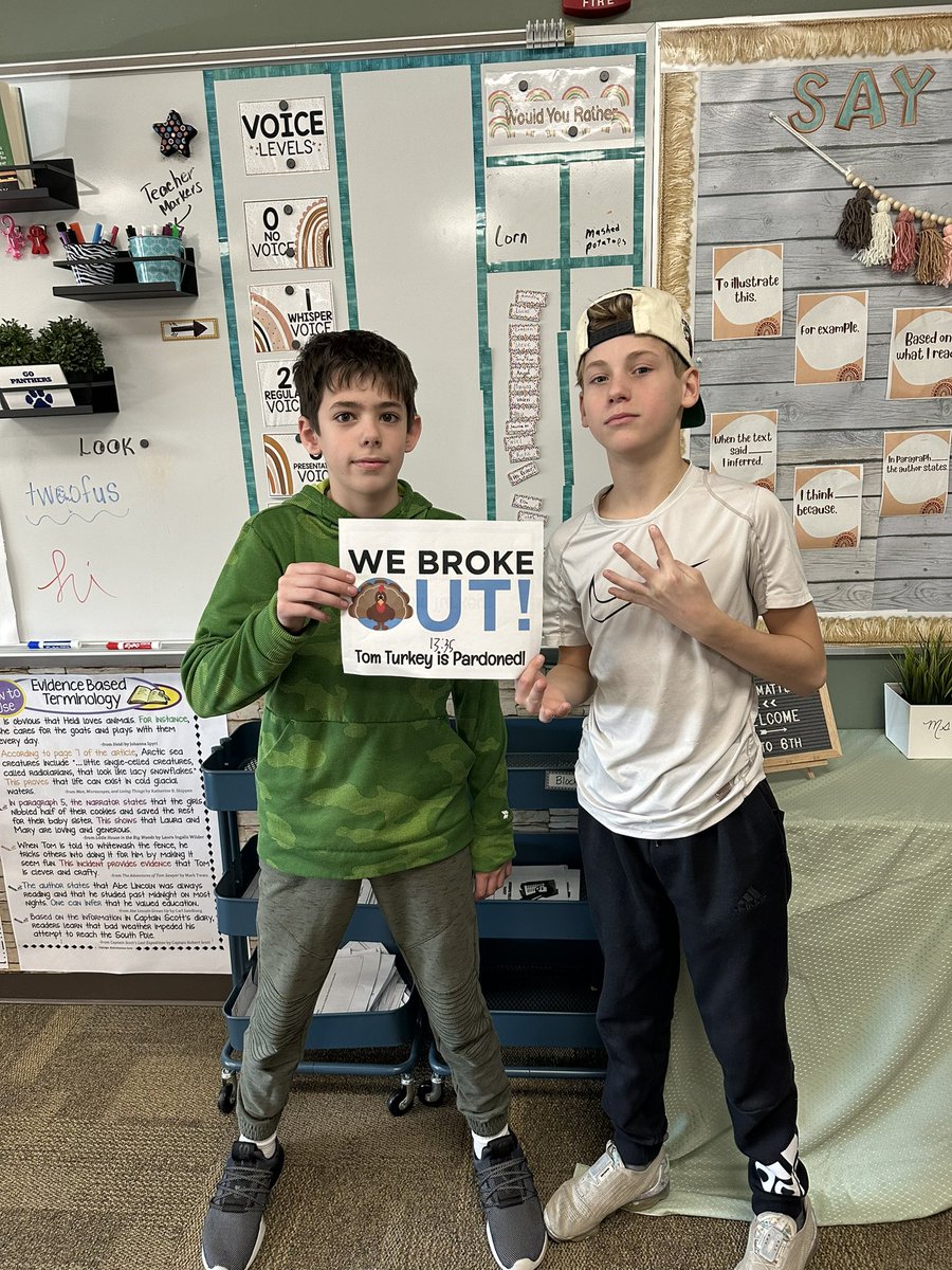 amyreiter's tweet photo. The annual pardoning of Tom 🦃has commenced. Thankfully, these smart students have successfully broken him out of captivity. #breakoutbox #problemsolvers #6thgrade #Thanksgiving2022 @HJHPanthers https://t.co/56iOI8VI0H