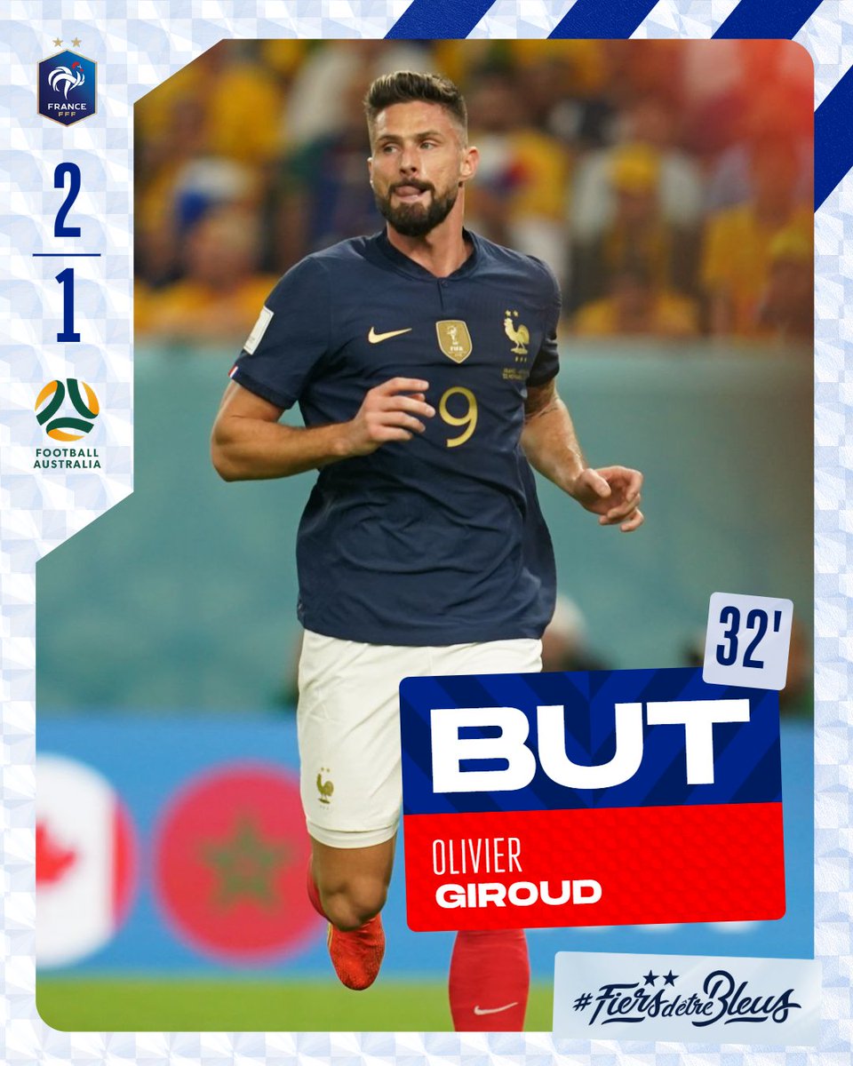 equipedefrance's tweet photo. OLIVIER GIROUUUUUUUD 🤩
Les Bleus prennent l'avantage ! 

🇫🇷2-1🇦🇺 | #FRAAUS | #FiersdetreBleus https://t.co/aP2BNQ1Y8f