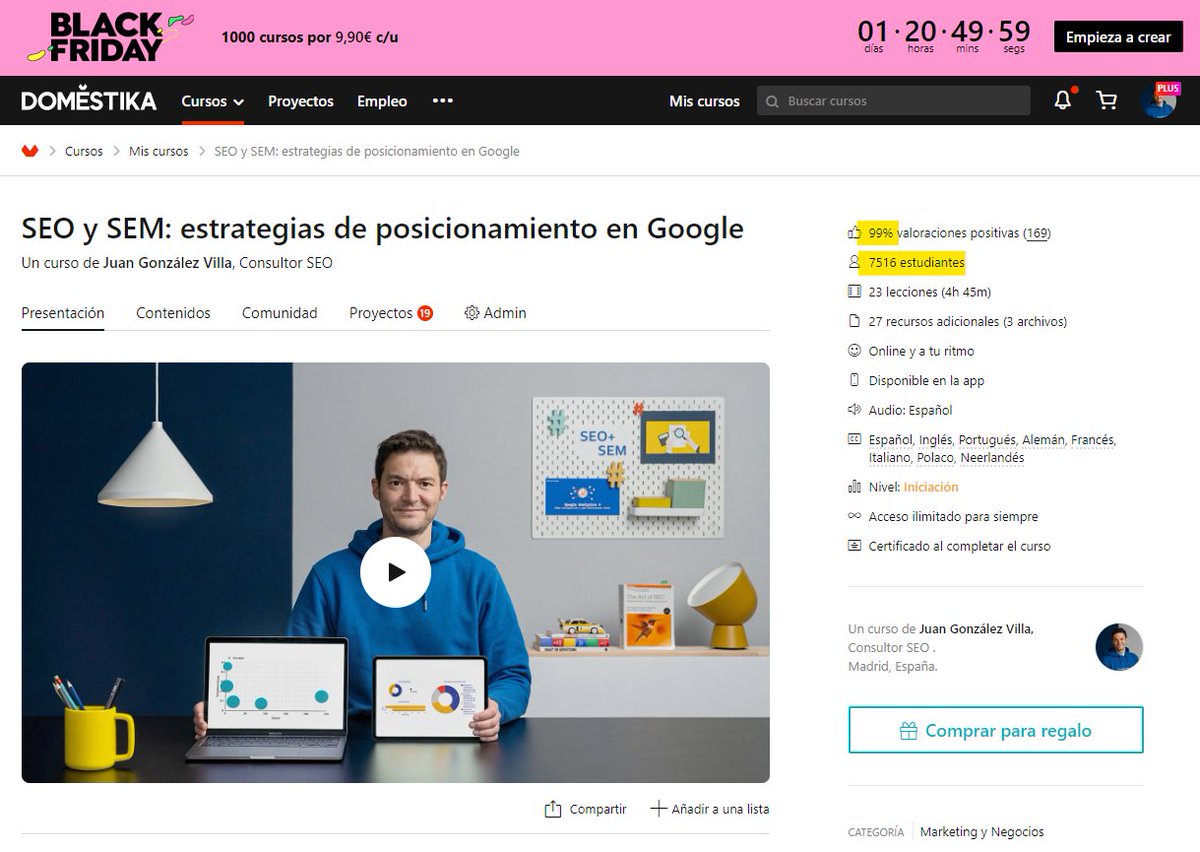 seostratega's tweet photo. Increíble haber superado ya los 7500 alumnos en mi curso de introducción al SEO y SEM en Domestika! 🙀 Y sobre todo, encantado con la reacción de los que ya lo han hecho y han dado su opinión.

Justo ahora podéis conseguir este curso y muchos más en @DomestikaEs por sólo 9,90 eur https://t.co/gsJgJQqD6X