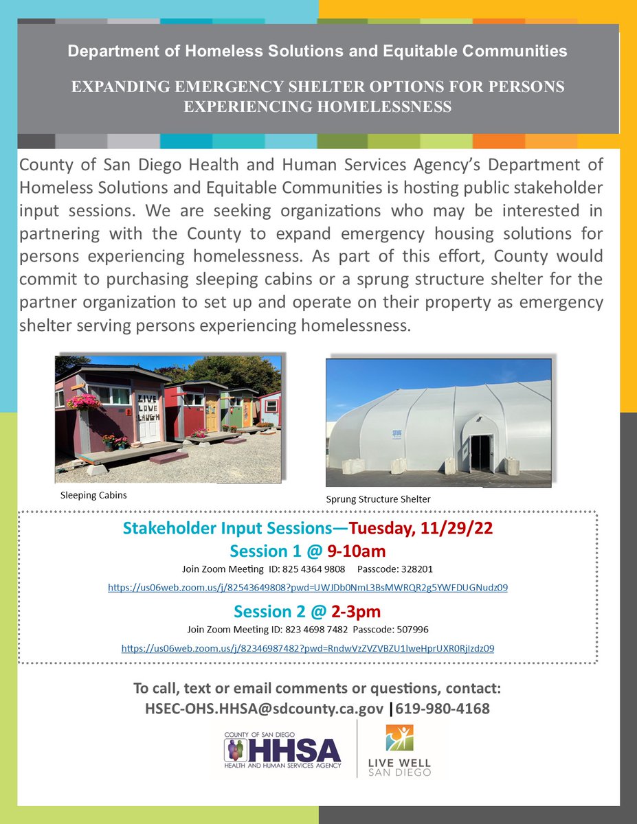 We're looking for organizations that may like to partner with the us to expand emergency housing solutions for people experiencing homelessness. 

We have two stakeholder input sessions coming up on Tuesday, Nov. 29.

Call 619-980-4168 for more information.