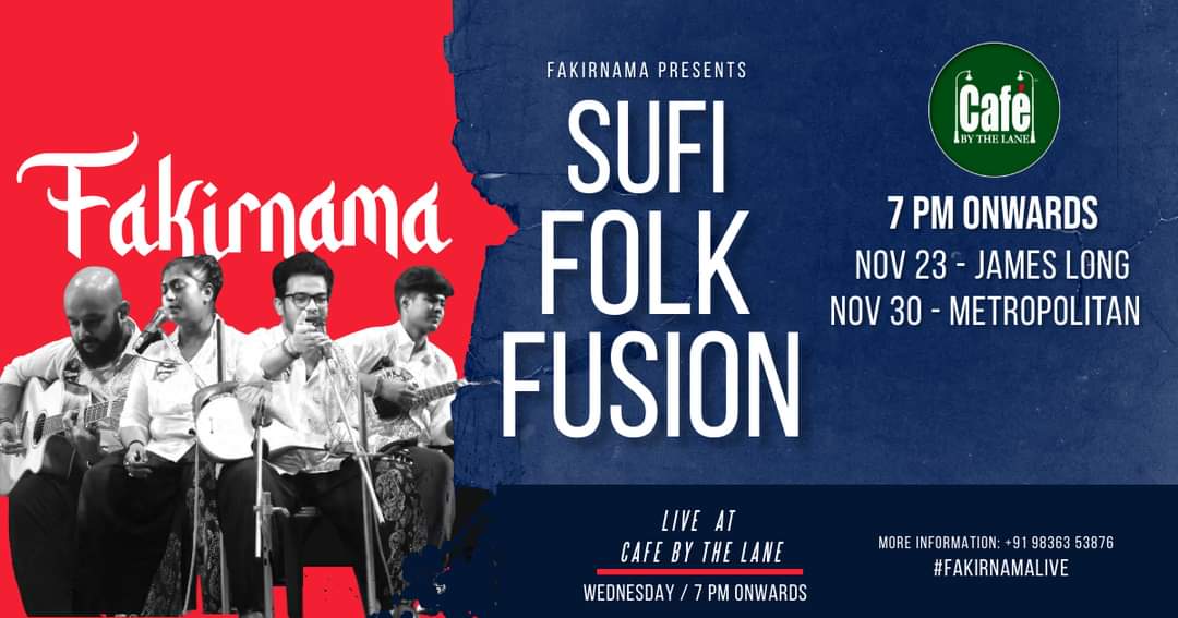 Fakirnama performing Sufi - Folk Fusion unplugged at Café by the Lane on 23rd November, from 6:30PM onwards. Join us to experience sufiana at its best with us.

#Fakirnama #FakirnamaLive #FakirnamaUnplugged #kolkatamusic #sufifolkfusion