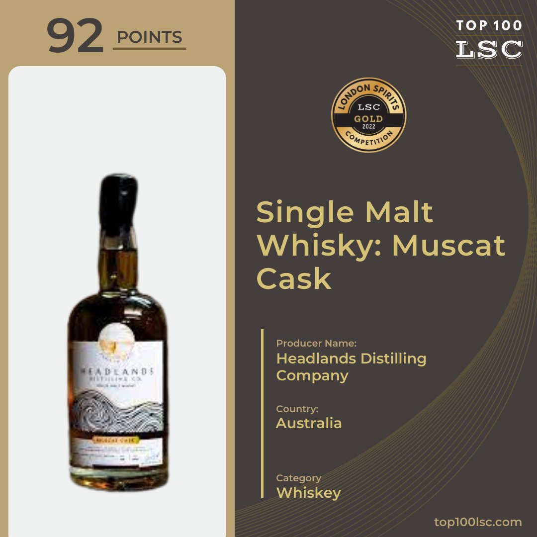 Top100LSC's tweet photo. A gold-winner with a whopping 92 points. 👏 The Australian whiskey from Headlands Distilling Co. is packed with sweet notes of caramel and toffee on the nose. It's sweet on the palate, with prominent flavours of vanilla and hazelnut.
@londoncomps 
#londoncompetition https://t.co/ubHF9OsUQs