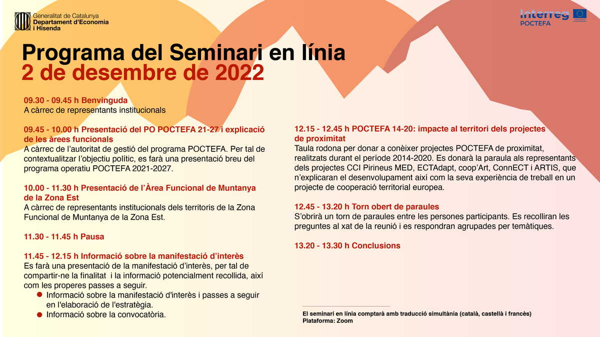economiacat's tweet photo. 🗓️ El proper 2 de desembre, tindrà lloc un seminari en línia per presentar l'Àrea Funcional de Muntanya de la Zona Est del #POCTEFA 2021-2027.

🕤 De les 9.30 h a les 13.30 h
💻 A través de la plataforma @Zoom

📝 Més informació i formulari d'inscripció: https://t.co/oqmMtcYMYX https://t.co/i1lV71Y4c3