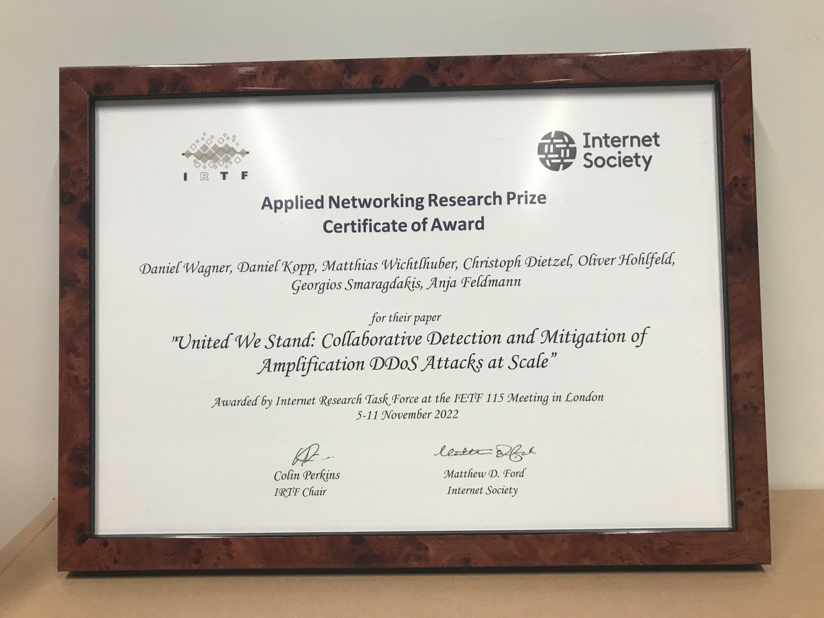 Georgios Smaragdakis (@gsmaragdakis) on Twitter photo 💻🔬Thank you, <a href="/internetsociety/">Internet Society</a> & #ANRP'22
<a href="/ietf/">@IETF</a>/@IRTF committee for this award🍾🍾
It means a lot to our team <a href="/DECIX/">DE-CIX</a> <a href="/maxplanckpress/">Max Planck Society</a> <a href="/uni_kassel/">Universität Kassel</a> <a href="/tudelft/">TU Delft</a> <a href="/CyberSecTUDelft/">CyberSecurity@TUDelft</a>. We work hard to make the #Internet a safer place!🔐 Stay tuned! <a href="/ERC_Research/">European Research Council (ERC)</a> #ResolutioNet <a href="/bifoldberlin/">BIFOLD</a> 💻🔬Thank you, <a href="/internetsociety/">Internet Society</a> & #ANRP'22
<a href="/ietf/">@IETF</a>/@IRTF committee for this award🍾🍾
It means a lot to our team <a href="/DECIX/">DE-CIX</a> <a href="/maxplanckpress/">Max Planck Society</a> <a href="/uni_kassel/">Universität Kassel</a> <a href="/tudelft/">TU Delft</a> <a href="/CyberSecTUDelft/">CyberSecurity@TUDelft</a>. We work hard to make the #Internet a safer place!🔐 Stay tuned! <a href="/ERC_Research/">European Research Council (ERC)</a> #ResolutioNet <a href="/bifoldberlin/">BIFOLD</a>