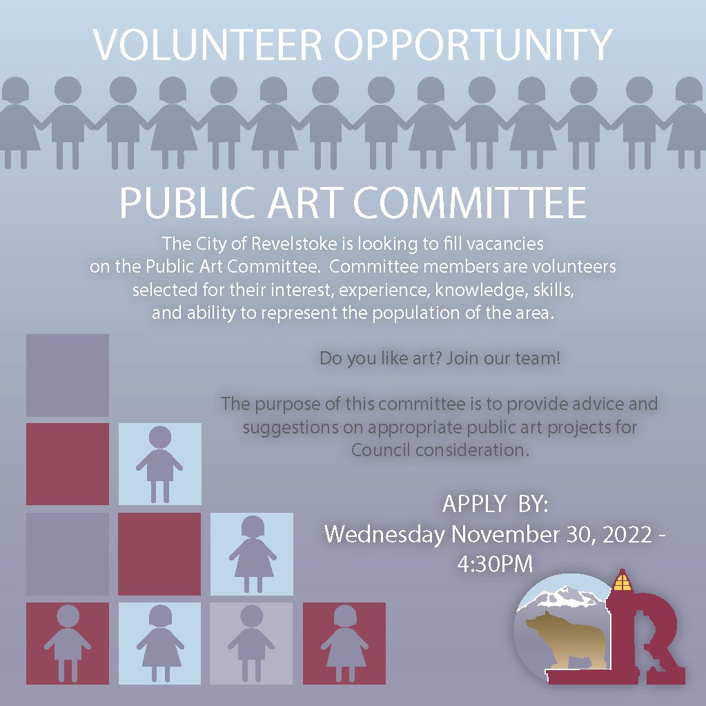 Some committee appointments are set to expire at years end. We love the individuals that step up each year, we also LOVE fresh faces &amp; ideas. Check out these ToR revelstoke.ca/DocumentCenter…

If art doesn't appeal to you, hold tight for more vacancies!

#cityofrevelstoke #getinvolved