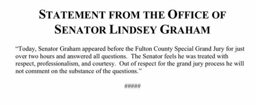 Spokesperson confirms Sen Lindsey Graham (R-SC) has answered questions from Fulton County (Ga) grand jury. For more than two hours