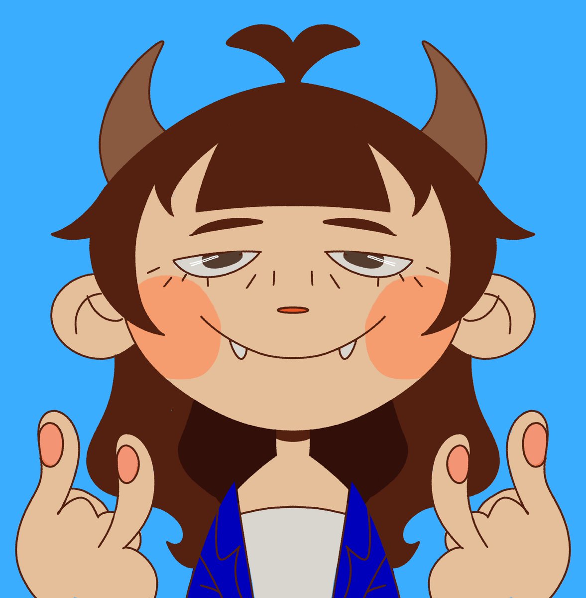 solo 1girl simple background fangs blue background horns brown hair  illustration images