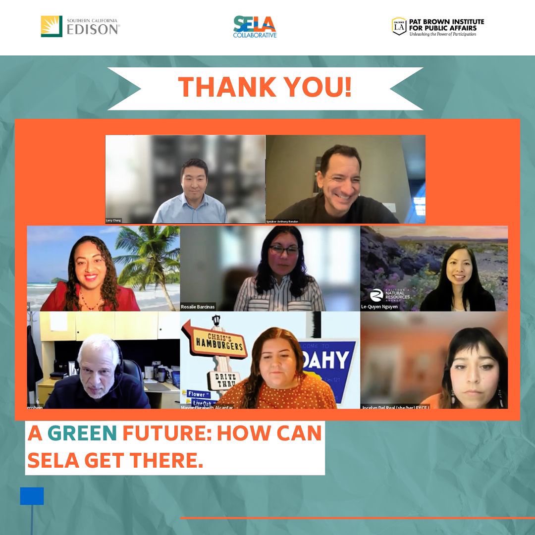 Thank you to our  Collaborative Member, @pat_brown_institute, and to  <a href="/SCE/">SCE</a> for their collaboration in hosting last week’s webinar “A Green Future: How Can SELA Get There”. Thank you to all the panelist who joined us! 

If you missed the webinar, youtube.com/watch?v=Blcm0t…