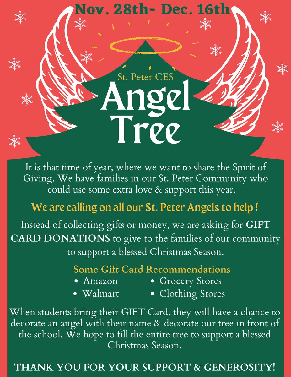 stpetersmilton's tweet photo. Starting tomorrow, St. Peter CES will be calling on our Angels to help spread some extra love and support this year. We are asking for donations of GIFT cards to go on our Angel Tree. This will be used for families in the St. Peter Community. Thank you for your generosity🎄 https://t.co/5Y7cVd3cau