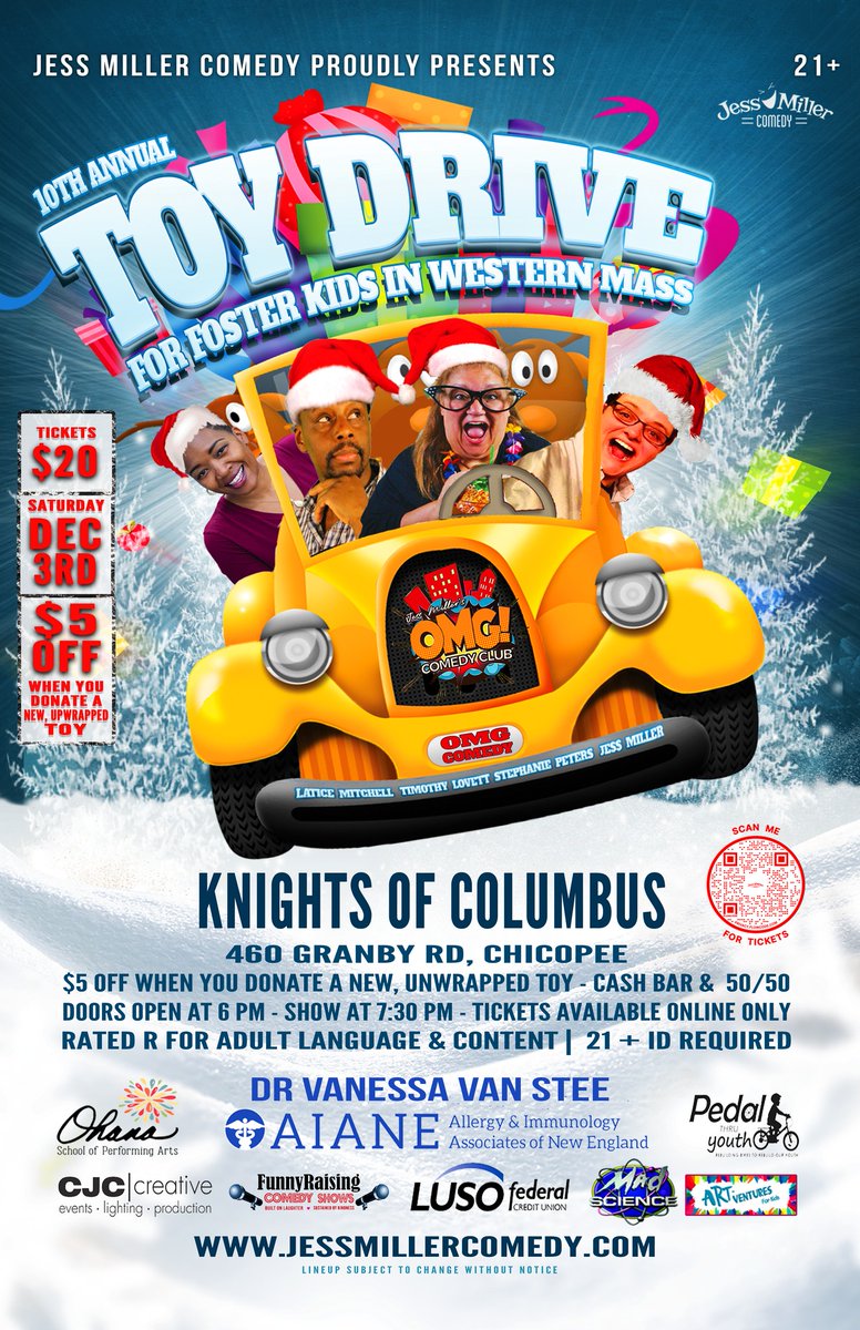 Local comic Jess Miller leads the annual Toy Drive standup show at the Knights of Columbus in Chicopee (460 Granby Road). Doors open at 6pm; show starts at 7:30pm.
 
This is a 21+ event. Admission is a $10 ticket plus one new, unwrapped toy.

TICKETS:
lnkd.in/e3A37mjS