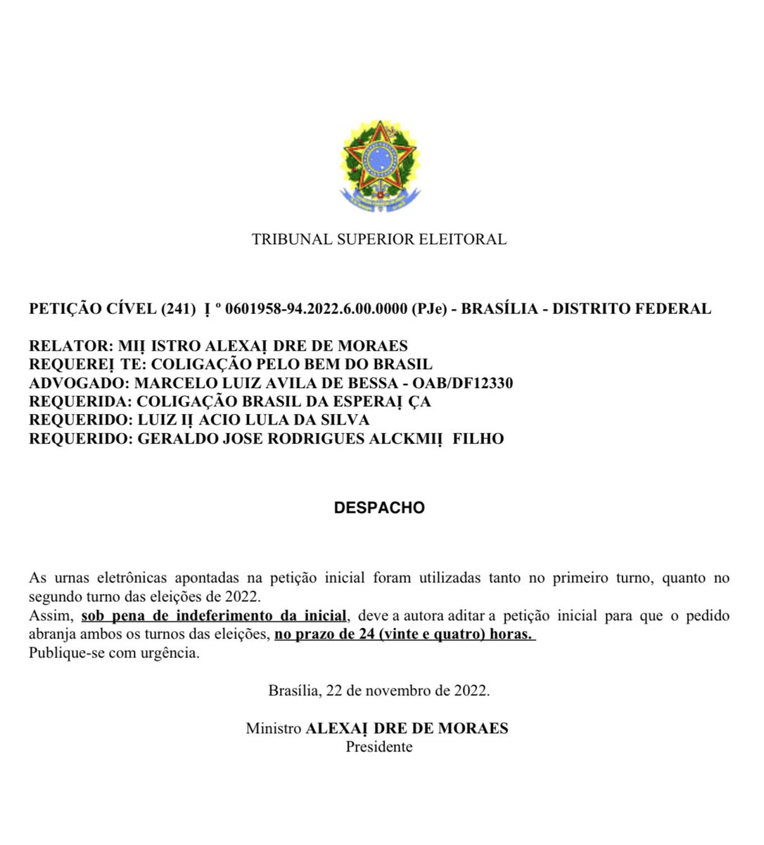 rafaelhbarroso's tweet photo. 💣URGENTE⚠️
@Alexandre de Moraes neste momento dá 24 horas pra coligação de Bolsonaro incluir o primeiro turno na demanda que fez ao TSE. A invenção do PL tem de acabar logo. As mesmas urnas foram utilizadas nos dois turnos. O factoide vai durar pouco! https://t.co/9WpWTlxsdI