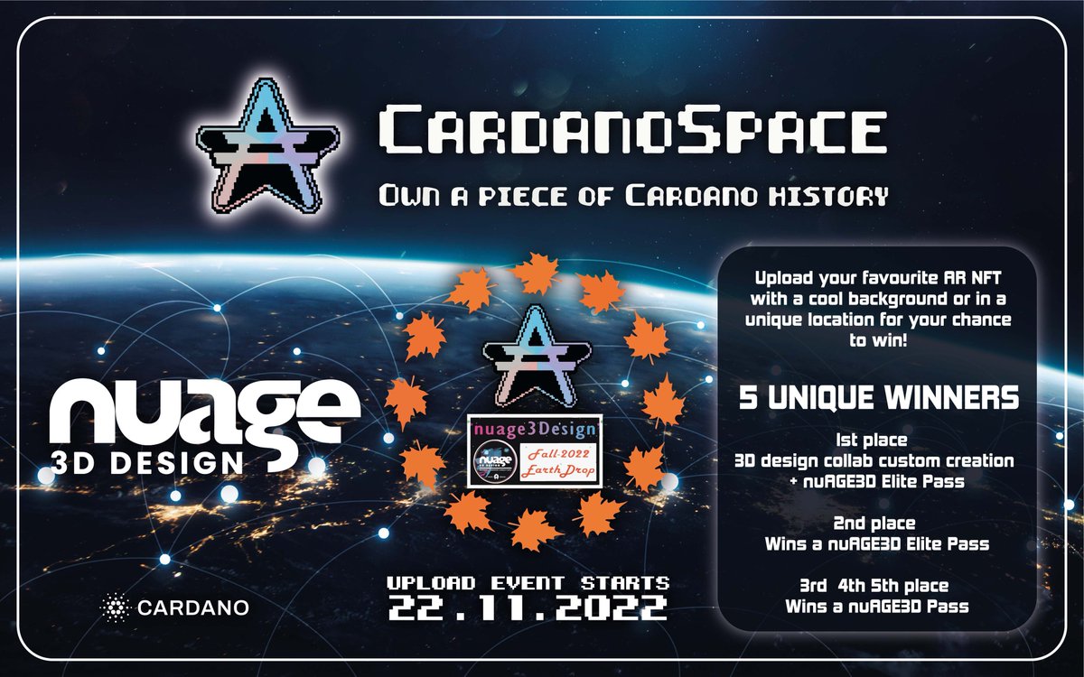 🚨Event is NOW live:
<a href="/Nuage3Design/">nuAge3Design | AR/VR Marketing @NuAge3Design</a> x <a href="/CardanoSpaceNFT/">CardanoSpace | ✨ OG advertisement space</a>
🌎Upload your fav #AugmentedReality #NFT anywhere!
🖥️cardanospace.com
🖥️nuage3d.io/products/nuage…
🤩Top 5 places:
1st=3D custom design collab + nuAGE3D Elite Pass
2nd=nuAGE3D Elite Pass
3rd-5th=nuAGE3D Pass

❤️#cardano❤️
