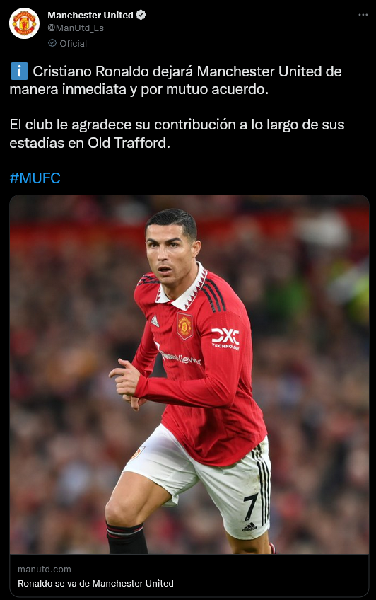 MundoTehuacan's tweet photo. #Deportes | El #ManchesterUnited dio a conocer la salida inmediata de #CristianoRonaldo, quien tuvo la posibilidad de marcar 145 goles en 346 partidos jugados. https://t.co/QuaScdA93D