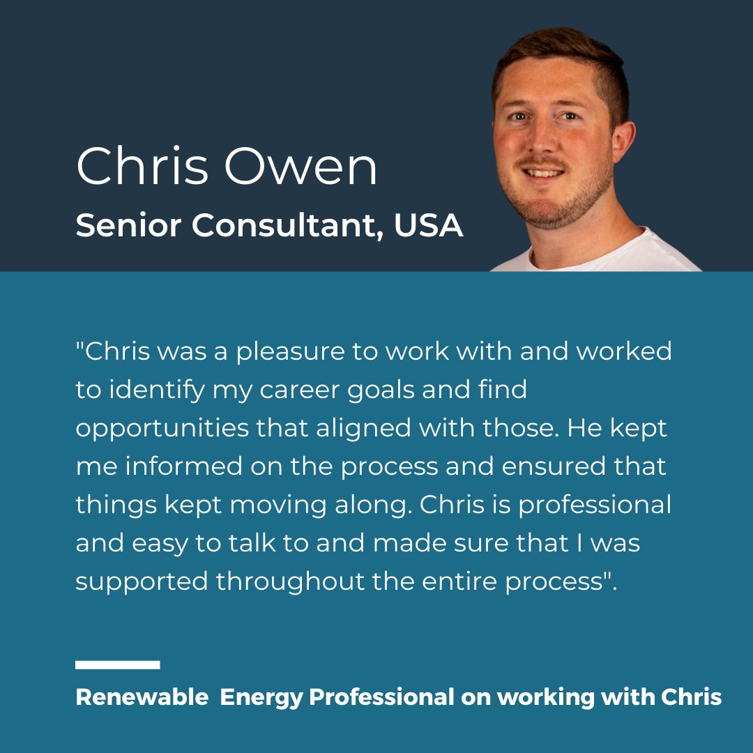 This #TestimonialTuesday  we have some excellent feedback for our Senior Consultant Chris Owen, who specializes in placing Engineers, Project Staff, Craft Labor, HSE within the USA Renewable Energy market

Connect with Chris  👉  linkedin.com/in/chris-owen2…

#renewableenergyjobs