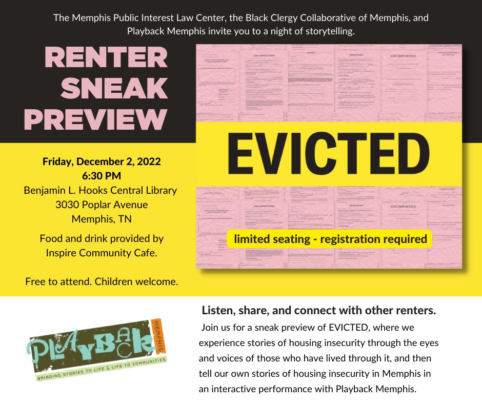 playbackmemphis's tweet photo. Join @PubIntLawCtr @BlackClergy901 and @playbackmemphis as we collectively experience stories of housing insecurity through the eyes and voices of those who have lived through it. Children welcome. Must register to attend https://t.co/Qi7jphGG3j https://t.co/Pm6f8DmSdN