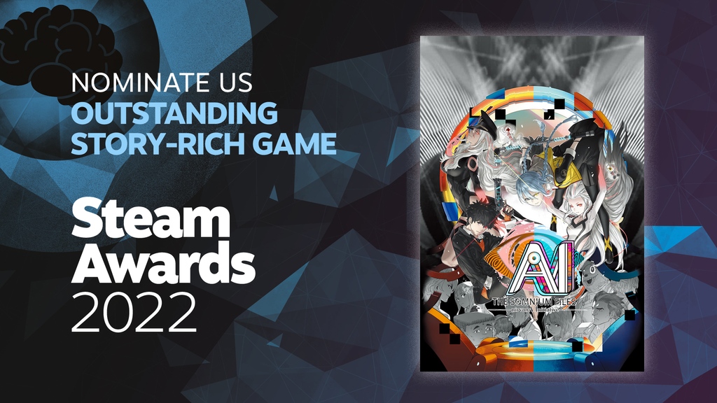 SpikeChunsoft_e's tweet photo. Nominate AI: THE SOMNIUM FILES - nirvanA Initiative for Outstanding Story-Rich Game and many of your other favorite Spike Chunsoft tiles during the 2022 Steam Awards.🗳️Check out the event pages for our recommendations here: https://t.co/LG2lJ0uh3b https://t.co/oN6uxYVPOv