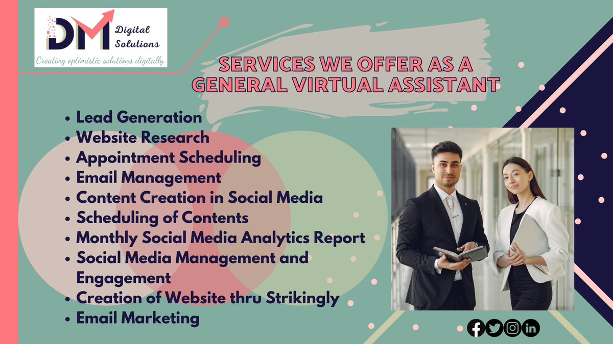 gva_julie's tweet photo. Lead Generation
Website Research ๐
Appointment Scheduling ๐
Email Management ๐ง
Content Creation in Social Media
Scheduling of Contents
Monthly Social Media Analytics Report
Social Media Management and Engagement
https://t.co/r8PfSOSwr7
#generalvirtualassistant https://t.co/2sYMxSO5Cn