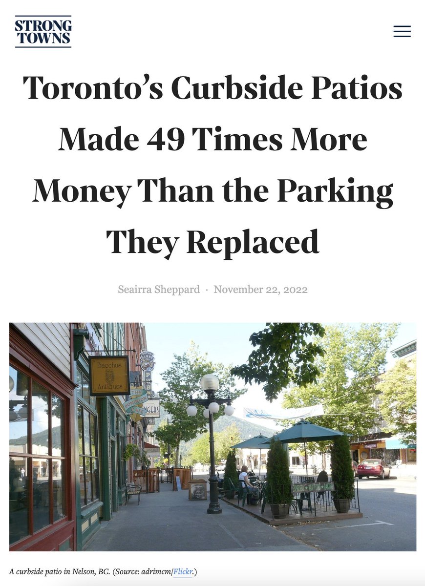 StrongTowns's tweet image. "As reported by The Globe and Mail, residents spent a total of $181 million at curbside patios within 13 weeks of summer in 2021. If those spaces had remained dedicated to parking, only $3.7 million would have been reaped during the same time period."