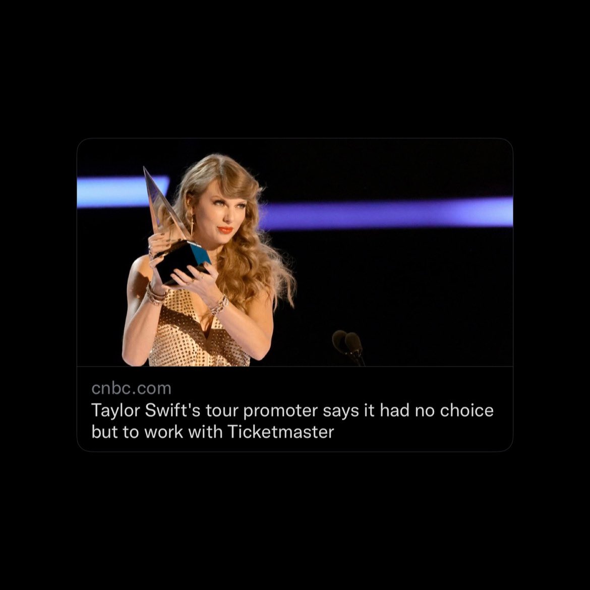 TS13ontour's tweet photo. 📰 - Taylor’s tour promoter speaks out: 

“Ticketmaster’s exclusive deals with the vast majority of venues required us to [use them]. We didn’t have a choice.”

—- Via @CNBCi https://t.co/fPOlmnrXhq