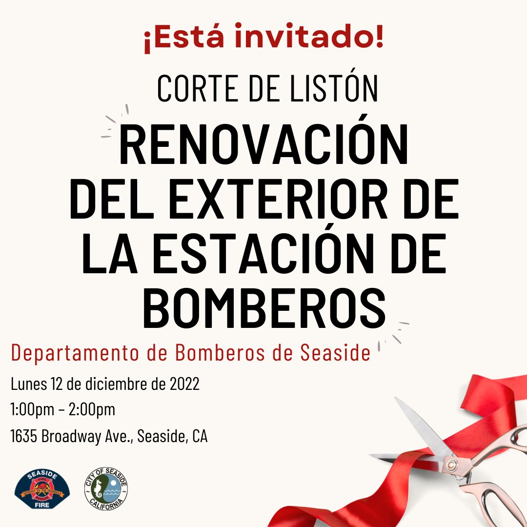 City_of_Seaside's tweet photo. The Fire Station Exterior Renovation Project has been completed!
Please join the Seaside Fire Department, City Council and City Staff on Monday, December 12th at 1:00pm for our Ribbon Cutting Ceremony!
#seasidefiredepartment #seasidefd #riboncutting #firestation #cityofseaside https://t.co/LBf3W89t2e