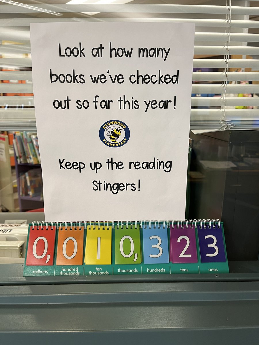 nancyhcole's tweet photo. @StenwoodES Stingers are readers!  We passed the 10K mark even with no checkout during book fair. Keep up the good work! @FCPS_LIS https://t.co/tbqrPrPbgq